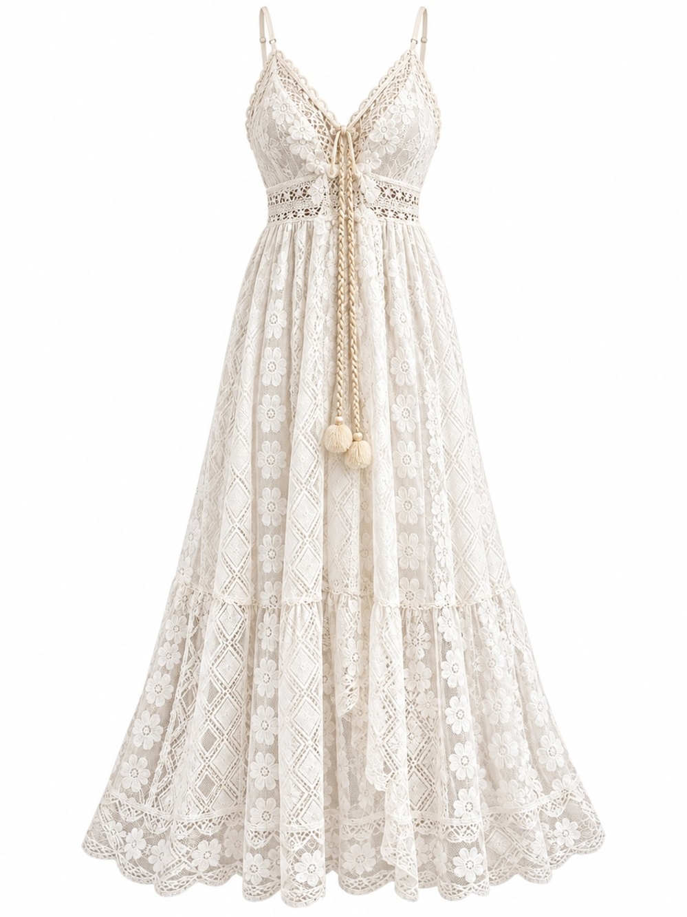 Cupshe Cream Lace Maxi Dress with Tassel Tie